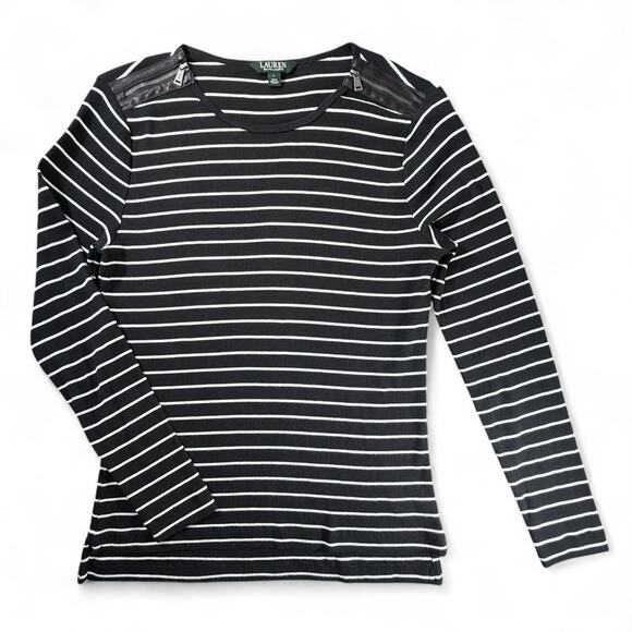 Lauren Ralph Lauren Tops - Lauren Ralph Lauren Ribbed Striped Top Women L Baddie Leather Zip Trim Black Y2K